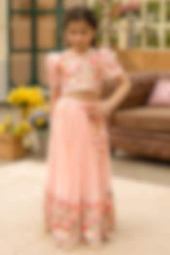 Peach Cotton Embroidered Lehenga Set For Girls by Fayon Kids at Pernia's Pop Up Shop
