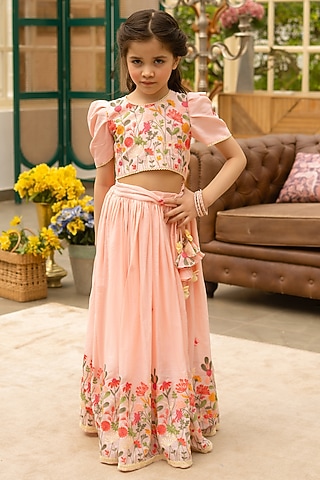 Peach Cotton Embroidered Lehenga Set For Girls by Fayon Kids