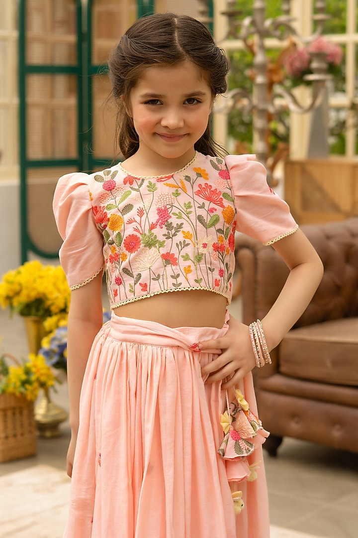 Peach Cotton Embroidered Lehenga Set For Girls by Fayon Kids at Pernia's Pop Up Shop