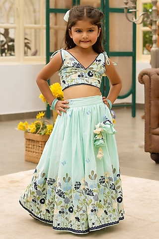 Blue Cotton Embroidered Lehenga Set For Girls by Fayon Kids