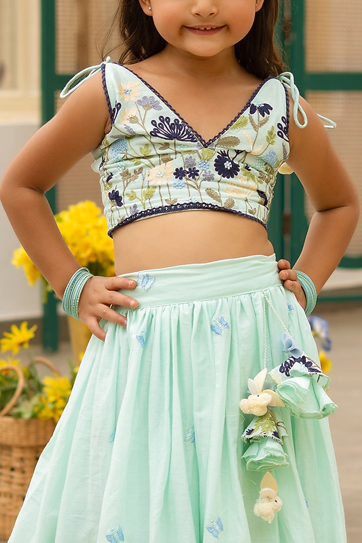 Blue Cotton Embroidered Lehenga Set For Girls by Fayon Kids at Pernia's Pop Up Shop
