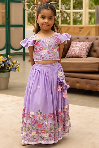 Lilac Cotton Embroidered Lehenga Set For Girls by Fayon Kids