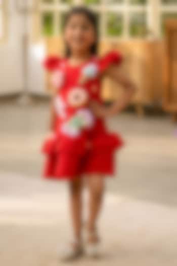 Red Neoprene Embroidered Dress For Girls by Fayon Kids at Pernia's Pop Up Shop