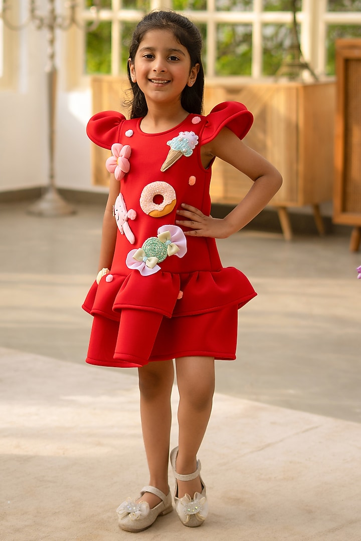 Red Neoprene Embroidered Dress For Girls by Fayon Kids at Pernia's Pop Up Shop