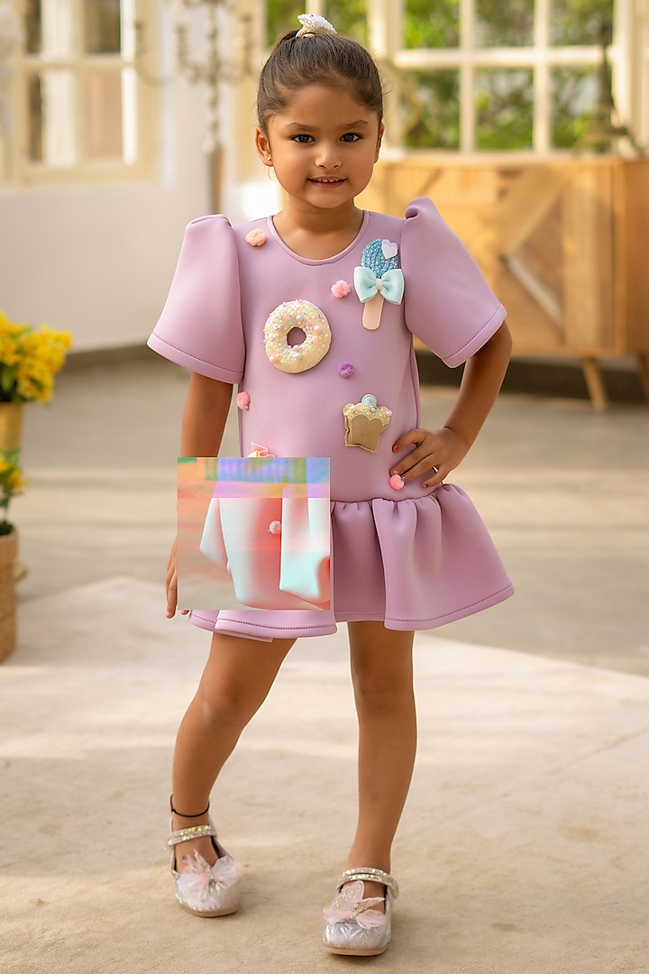 Lilac Neoprene Embroidered Dress For Girls by Fayon Kids at Pernia's Pop Up Shop