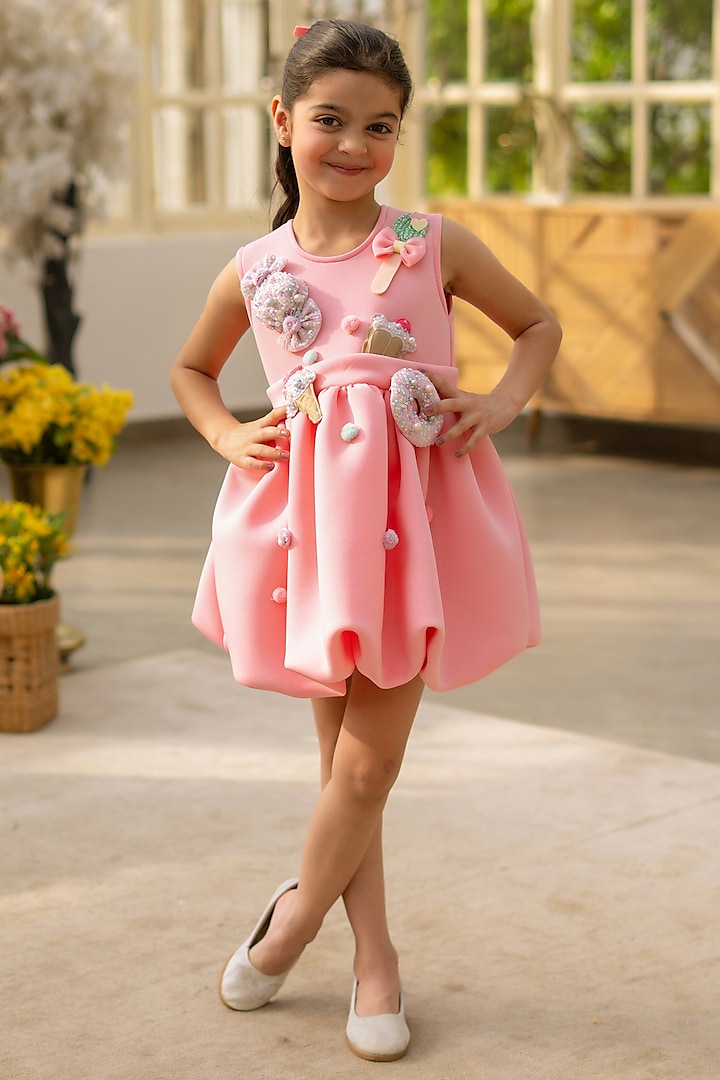 Peach Neoprene Embroidered Dress For Girls by Fayon Kids at Pernia's Pop Up Shop