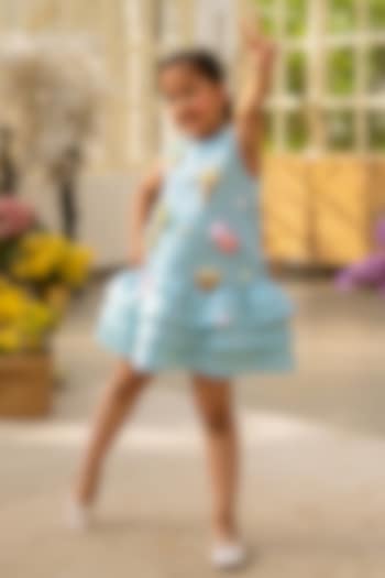 Blue Neoprene Embroidered Dress For Girls by Fayon Kids at Pernia's Pop Up Shop