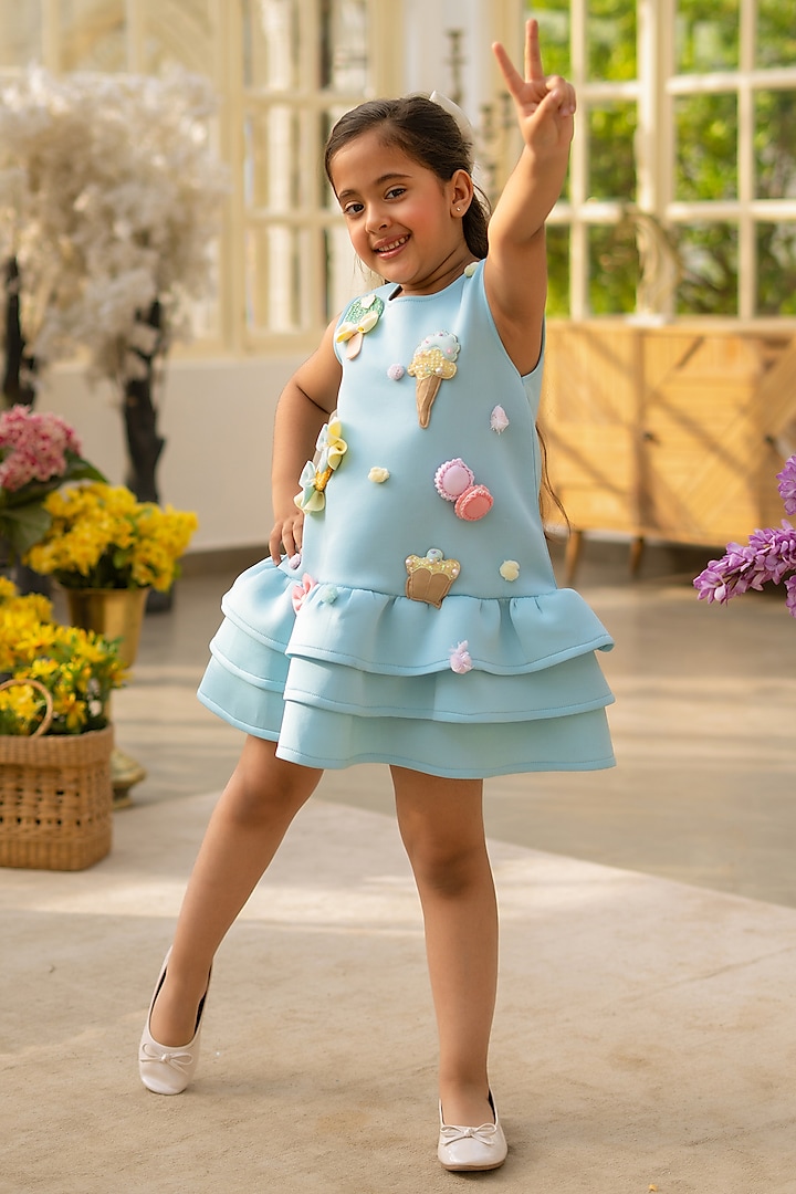 Blue Neoprene Embroidered Dress For Girls by Fayon Kids at Pernia's Pop Up Shop