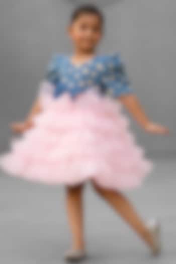 Baby Pink Denim & Net Embroidered Dress For Girls by Fayon Kids at Pernia's Pop Up Shop