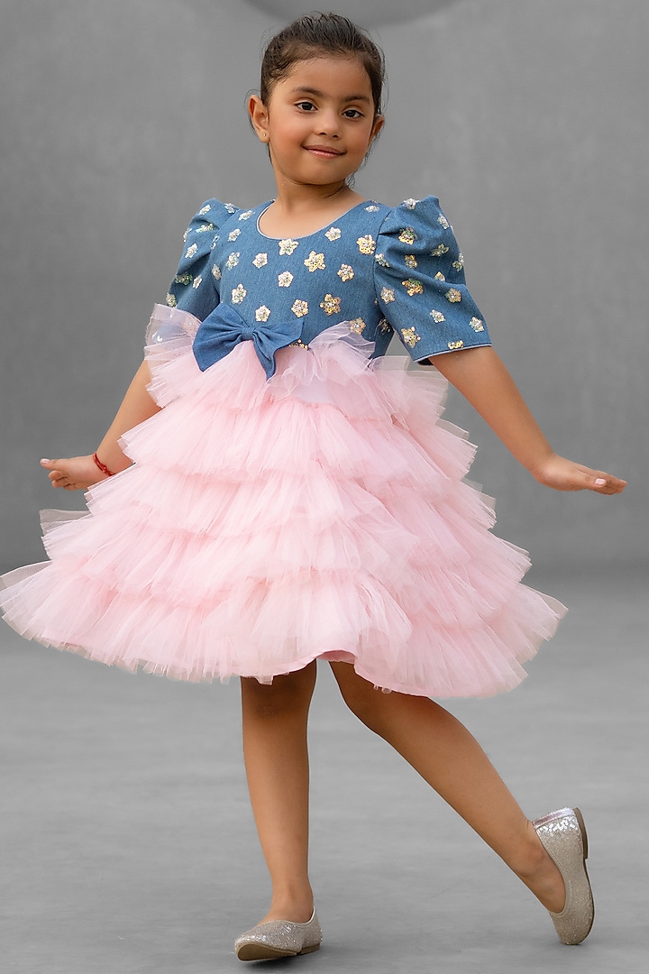 Baby Pink Denim & Net Embroidered Dress For Girls by Fayon Kids at Pernia's Pop Up Shop