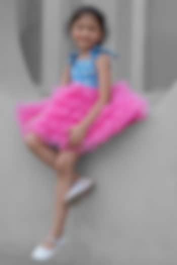 Pink Denim & Net Embroidered Dress For Girls by Fayon Kids at Pernia's Pop Up Shop