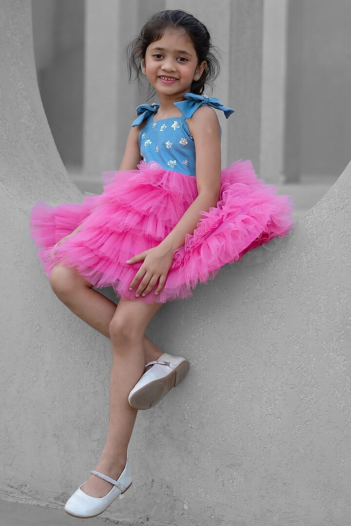 Pink Denim & Net Embroidered Dress For Girls by Fayon Kids at Pernia's Pop Up Shop