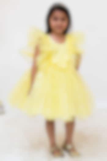 Yellow Net Embroidered Layered Dress For Girls by Fayon Kids at Pernia's Pop Up Shop