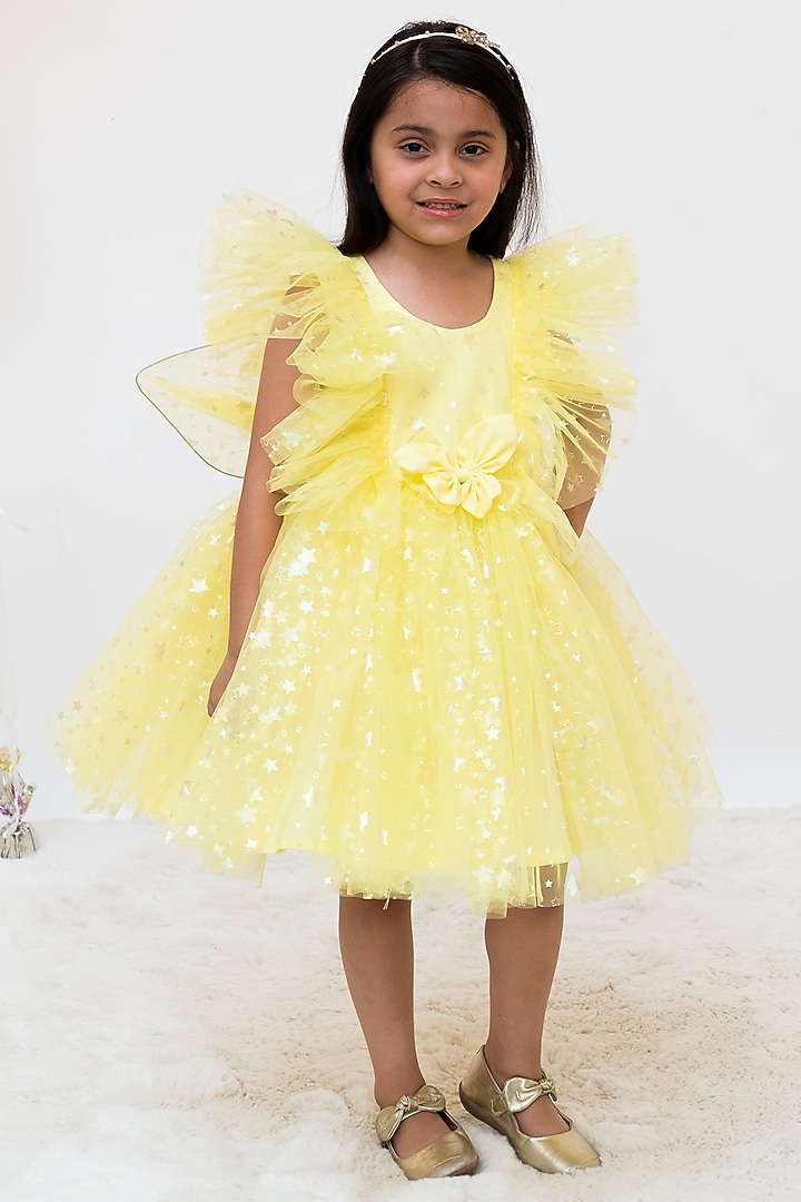 Yellow Net Embroidered Layered Dress For Girls by Fayon Kids at Pernia's Pop Up Shop