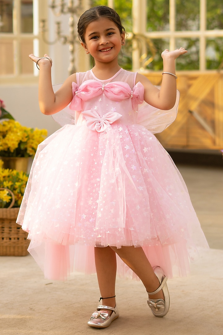 Pink Net Embroidered Dress For Girls by Fayon Kids at Pernia's Pop Up Shop
