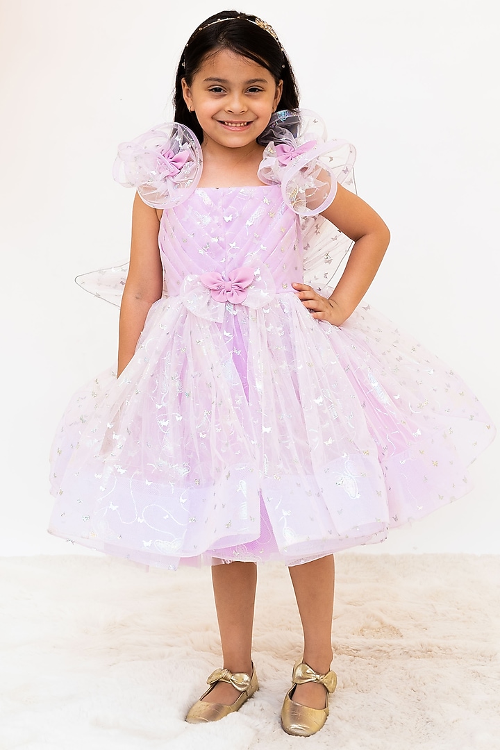 Lilac Net Embroidered Dress For Girls by Fayon Kids at Pernia's Pop Up Shop