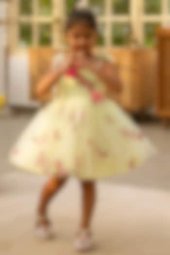 Green Net Embroidered Dress For Girls by Fayon Kids at Pernia's Pop Up Shop