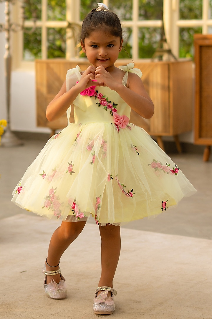 Green Net Embroidered Dress For Girls by Fayon Kids at Pernia's Pop Up Shop