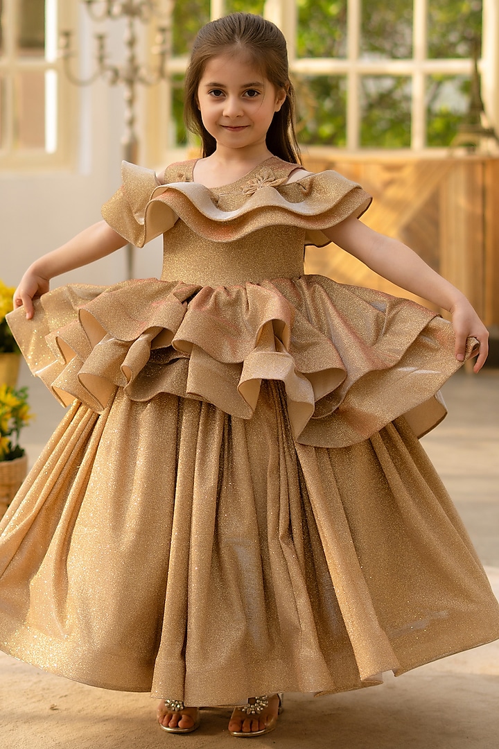 Golden Shimmer Embroidered Gown For Girls by Fayon Kids at Pernia's Pop Up Shop