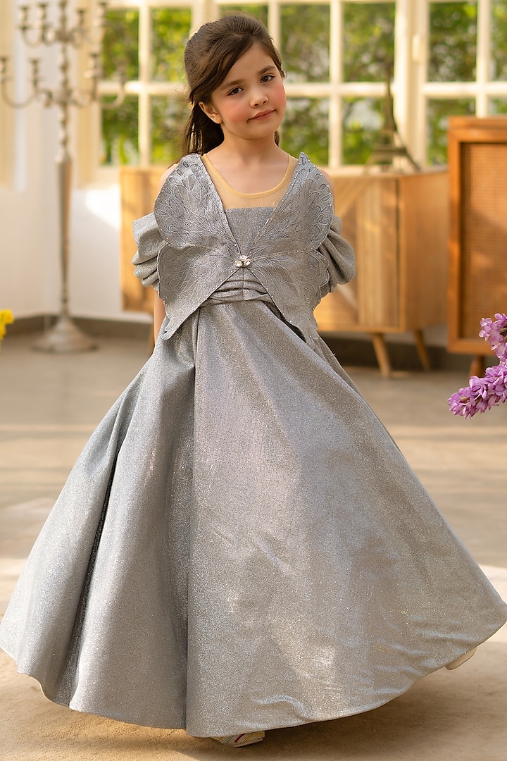 Grey Shimmer Embroidered Gown For Girls by Fayon Kids at Pernia's Pop Up Shop
