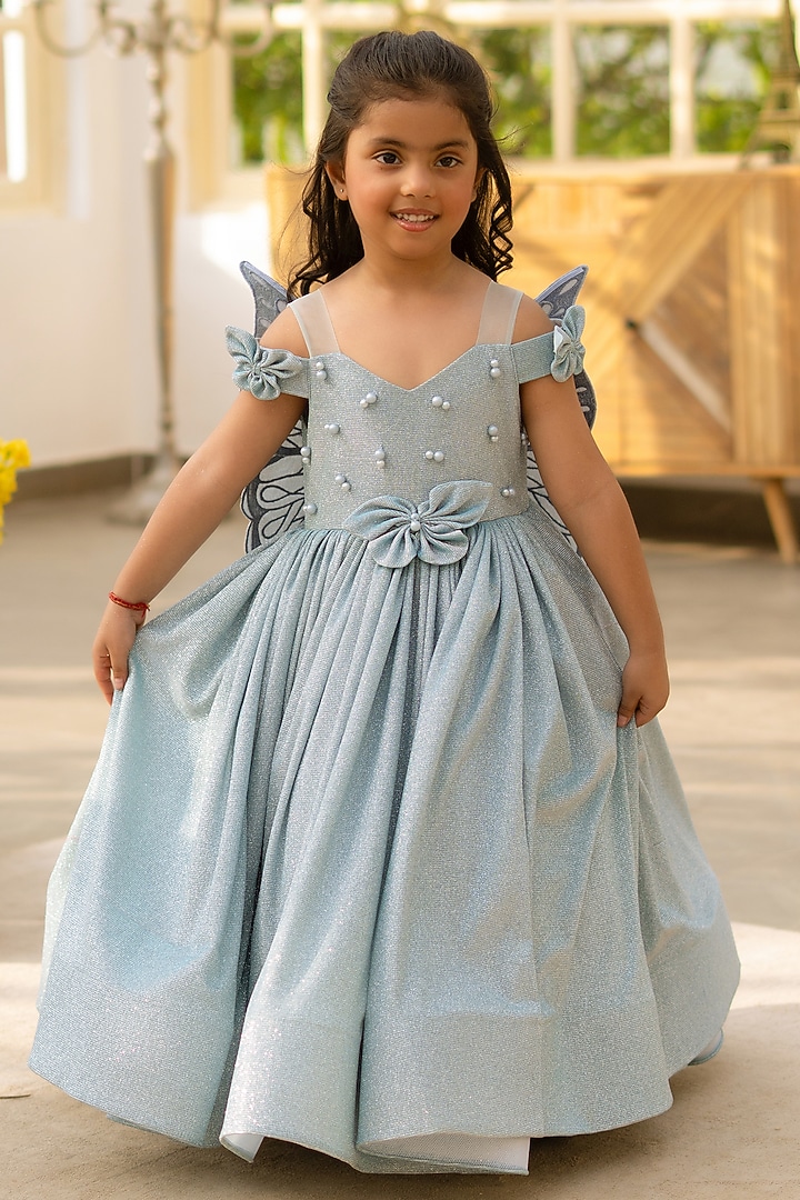 Blue Shimmer Embroidered Gown For Girls by Fayon Kids at Pernia's Pop Up Shop