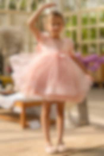 Peach Net Embroidered Dress For Girls by Fayon Kids at Pernia's Pop Up Shop