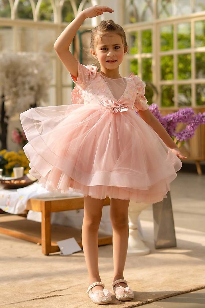Peach Net Embroidered Dress For Girls by Fayon Kids at Pernia's Pop Up Shop