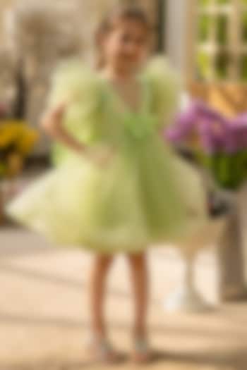 Green Net Embroidered Dress For Girls by Fayon Kids at Pernia's Pop Up Shop