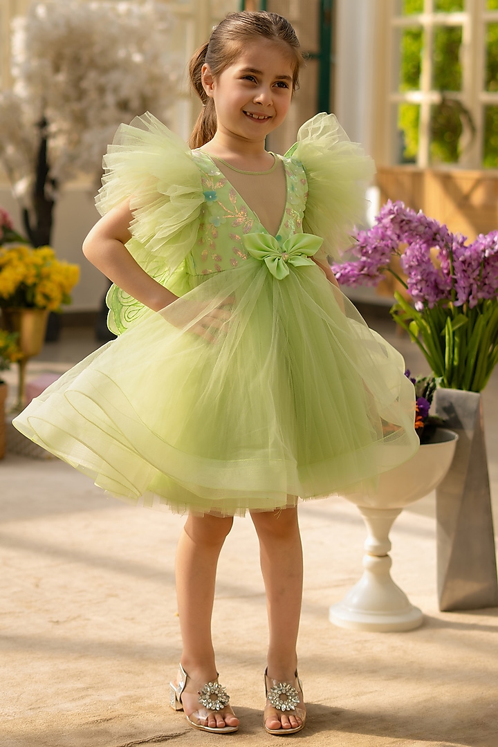 Green Net Embroidered Dress For Girls by Fayon Kids at Pernia's Pop Up Shop