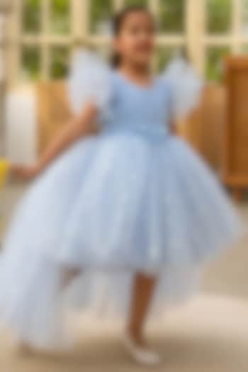 Blue Net Embroidered Dress For Girls by Fayon Kids at Pernia's Pop Up Shop