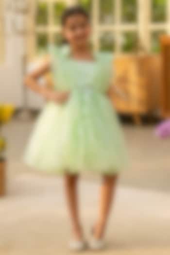 Green Net Embroidered Dress For Girls by Fayon Kids at Pernia's Pop Up Shop