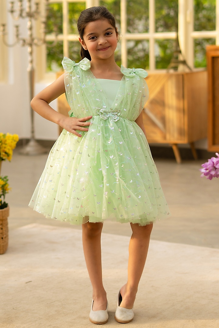 Green Net Embroidered Dress For Girls by Fayon Kids at Pernia's Pop Up Shop