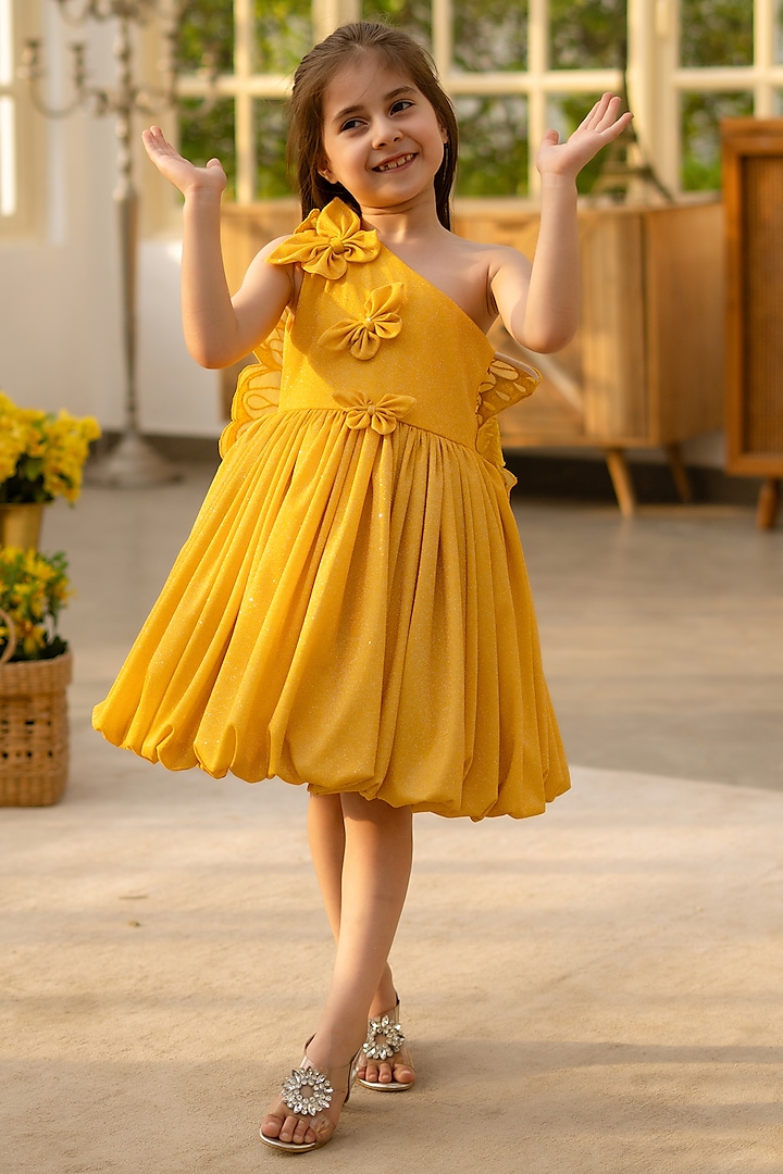 Mustard Yellow Shimmer Embroidered Dress For Girls by Fayon Kids at Pernia's Pop Up Shop