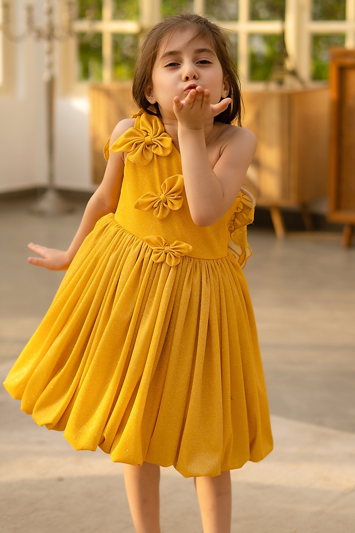 Mustard Yellow Shimmer Embroidered Dress For Girls by Fayon Kids at  Pernia's Pop Up Shop