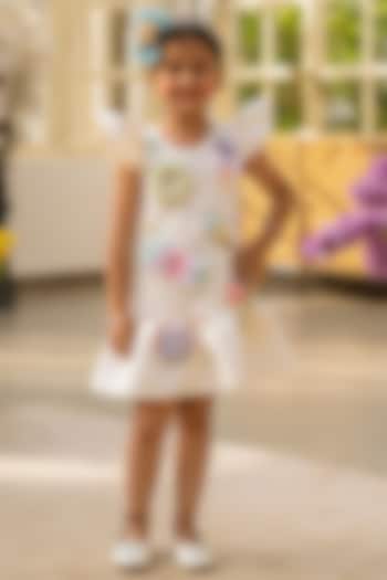 White Neoprene Embroidered Dress For Girls by Fayon Kids at Pernia's Pop Up Shop