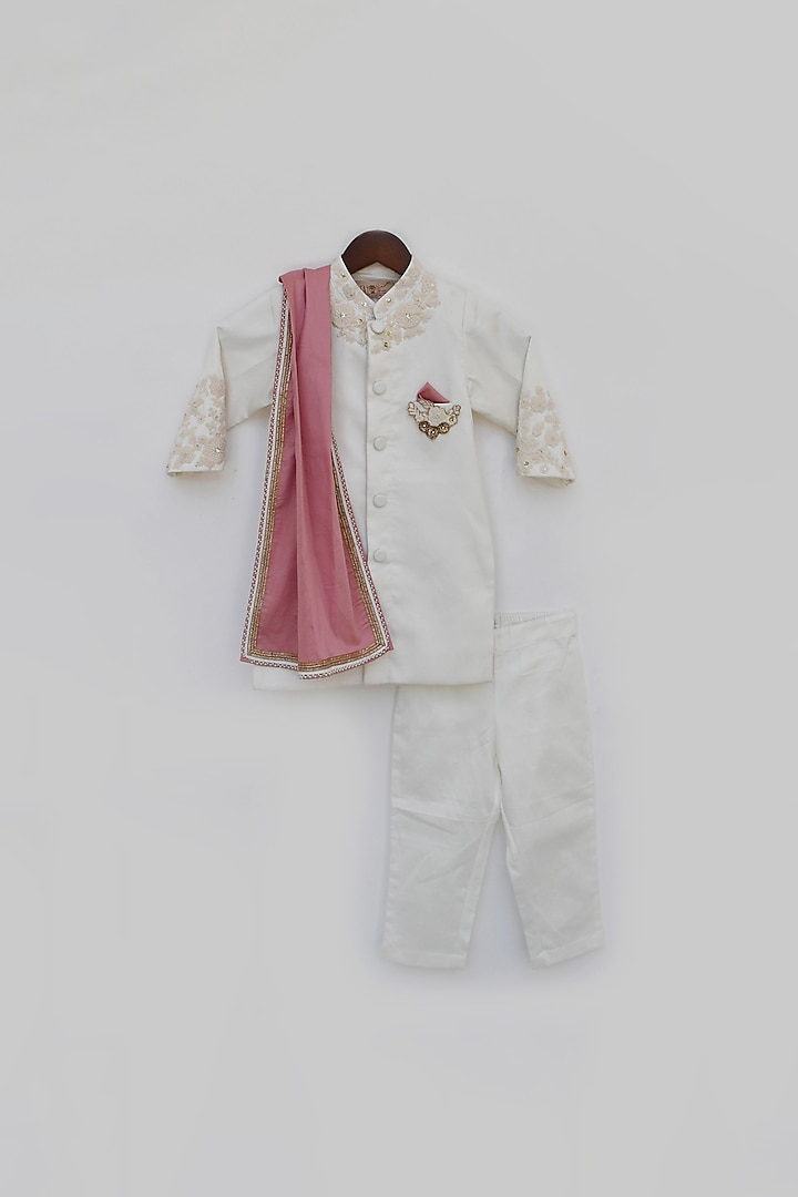 Off White Embroidered Achkan Jacket Set For Boys by Fayon Kids