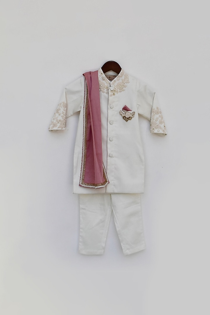 Off White Cotton Silk Thread Embroidered Achkan Jacket Set by Fayon Kids at Pernia's Pop Up Shop