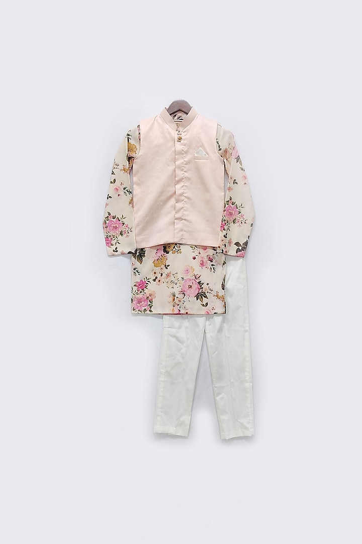 Peach Printed Kurta Set With Nehru Jacket For Boys by Fayon Kids at Pernia's Pop Up Shop