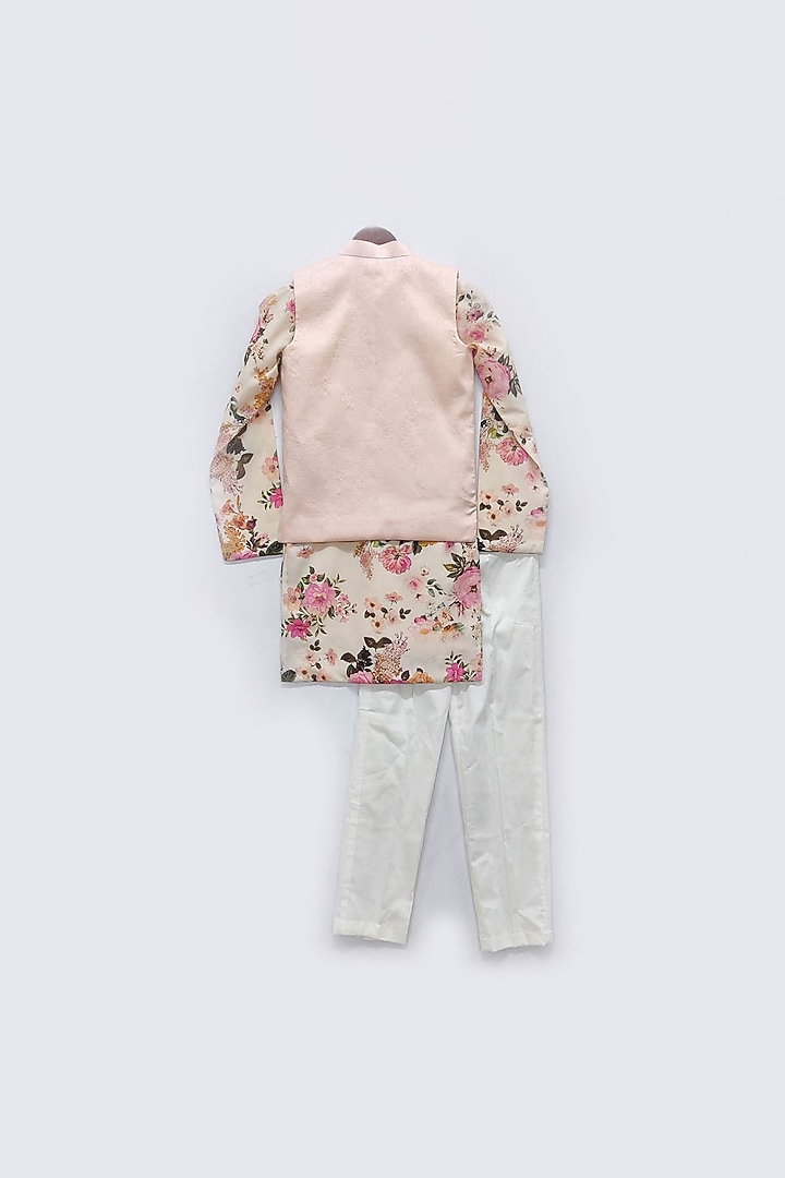 Peach Printed Kurta Set With Nehru Jacket For Boys by Fayon Kids at Pernia's Pop Up Shop