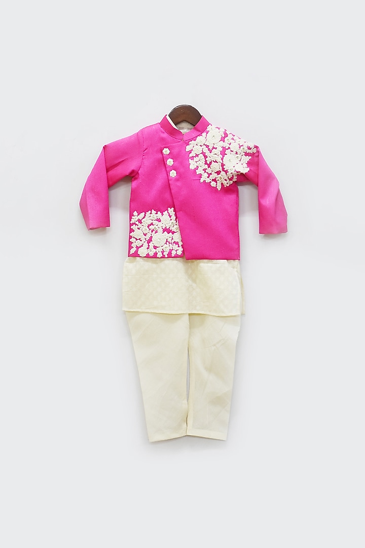Hot Pink Silk & Cotton Thread Embroidered Jacket Set by Fayon Kids at Pernia's Pop Up Shop