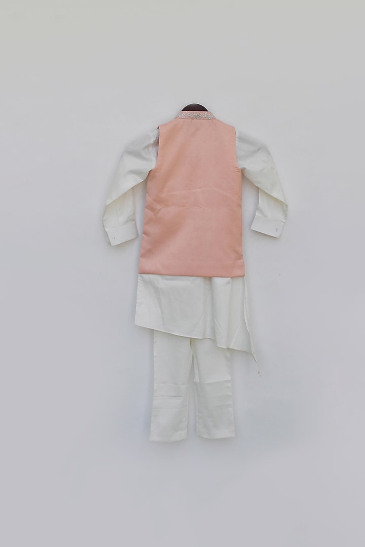 Peach Cotton Silk Thread Embroidered Nehru Jacket Set For Boys by Fayon Kids at Pernia's Pop Up Shop