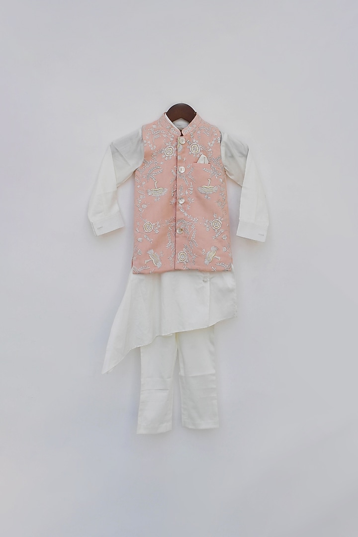 Peach Cotton Silk Thread Embroidered Nehru Jacket Set For Boys by Fayon Kids at Pernia's Pop Up Shop