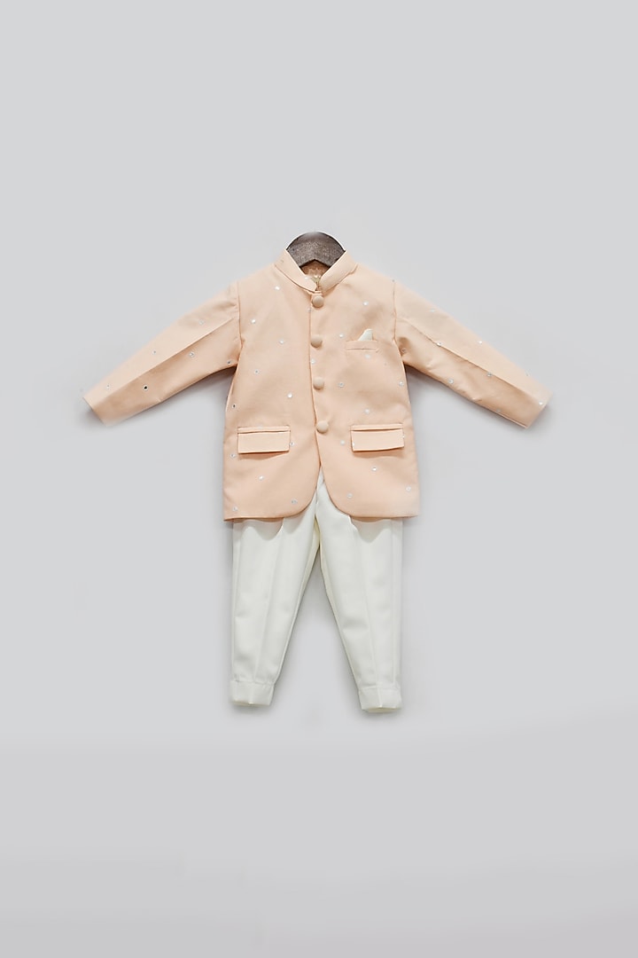 Peach Embroidered Bandhgala Jacket Set For Boys by Fayon Kids at Pernia's Pop Up Shop