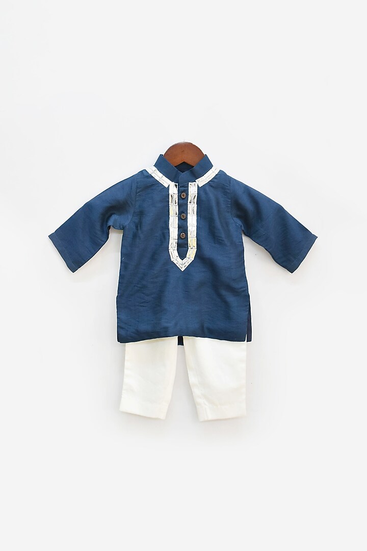 Teal Blue Embroidered Kurta Set For Boys by Fayon Kids at Pernia's Pop Up Shop