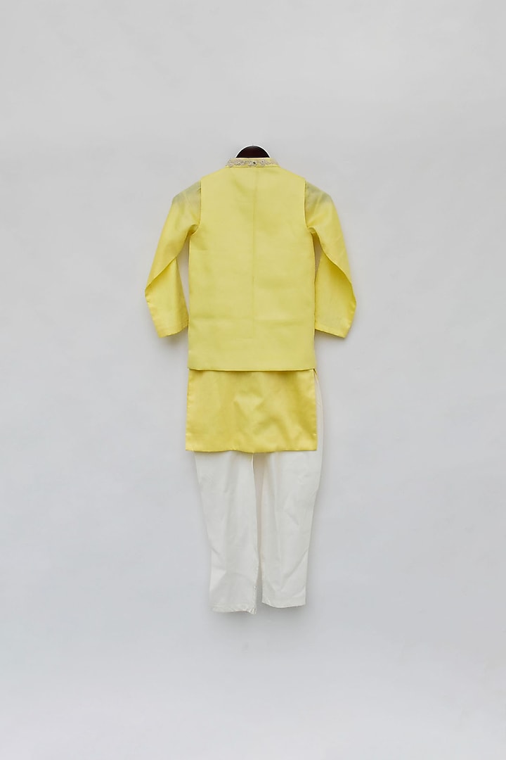 Yellow Silk Sequins & Pearl Work Lucknowi Jacket Set For Boys by Fayon Kids at Pernia's Pop Up Shop