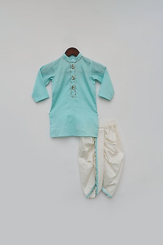 Blue Cotton Silk Floral Printed Kurta Set For Boys by Fayon Kids
