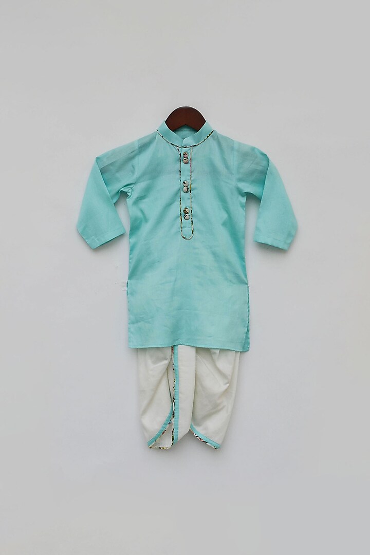Blue Cotton Silk Floral Printed Kurta Set For Boys by Fayon Kids at Pernia's Pop Up Shop