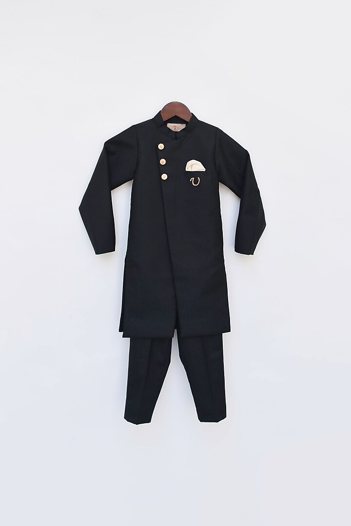 Black Embroidered Achkan Jacket Set For Boys by Fayon Kids at Pernia's Pop Up Shop