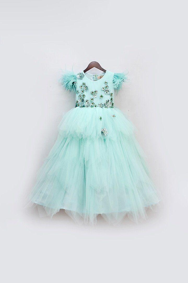 Aqua Green Net Multi Layered Gown For Girls by Fayon Kids