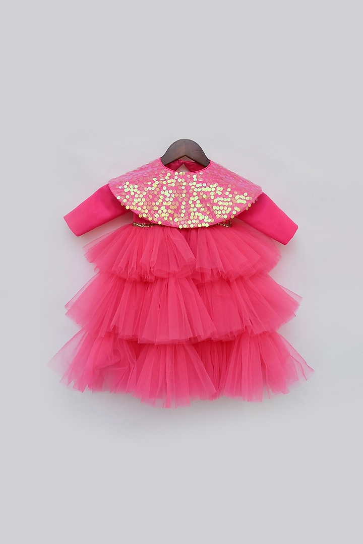 Hot Pink Dupion Silk High-Low Gown With Sequins Cape For Girls by Fayon Kids at Pernia's Pop Up Shop